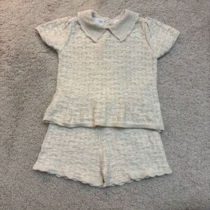 Zara Baby Boy Baby Girl Cream Textured Knit Collared Sweater Top and Shorts Set